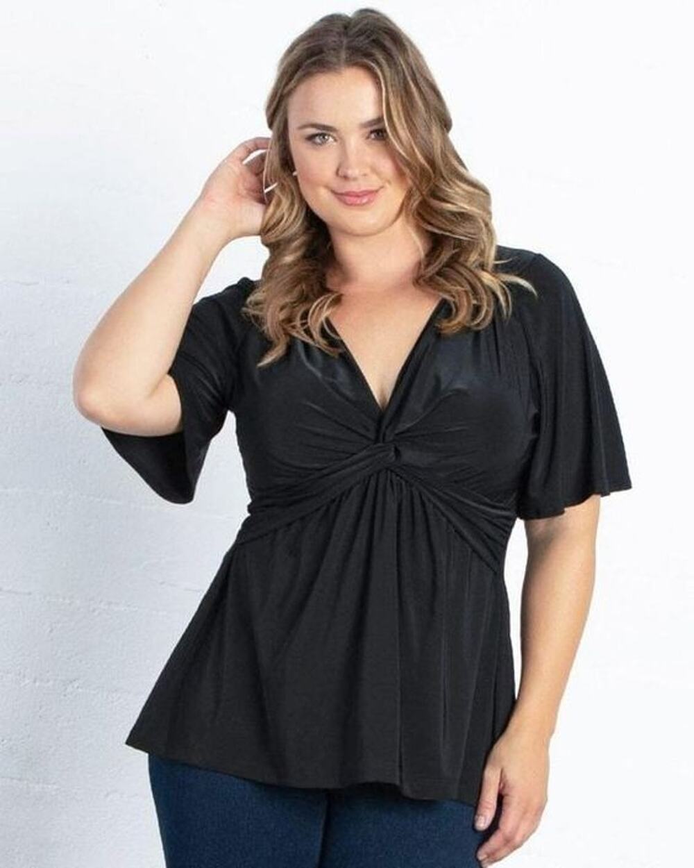 Kiyonna Top Black Abby Twist Style 3X Flutter Sleeves Feminine Romantic Slimming